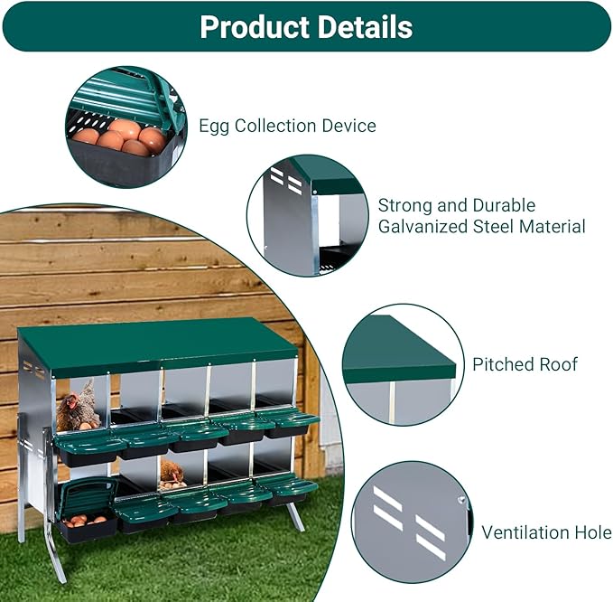 10-Hole Chicken Nesting Box, Roll Away Nest with Removable Tray, Easy Egg Collection & Cleaning, Wall-Mount Nesting Boxes for Hens, Chicken Coop - Green