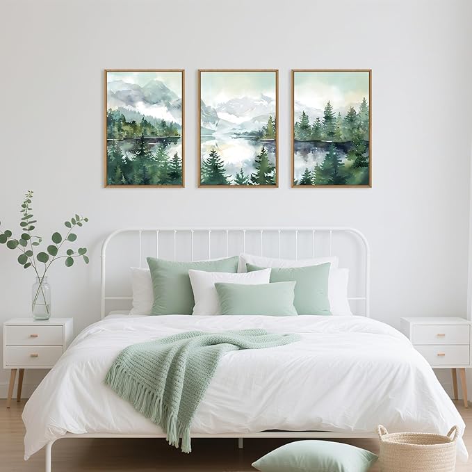 Watercolor Mountain Framed Canvas Wall Art Set, Boho Forest Wall Decor, Nature Green Pines Wall Painting, Forest Wilderness Artwork for Living Room, Bedroom, Dining Room, Office - 16"x24"x3