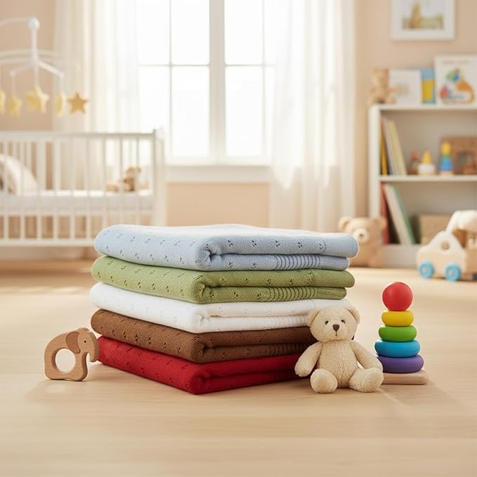 Baby Knit Blanket, 100% Cotton Eyelet Patterns, Soft, Cozy, Lightweight Swaddle for Newborn & Infant Swaddling Beige Neutral, Perfect Baby Shower Ideas Sage Green 28x36