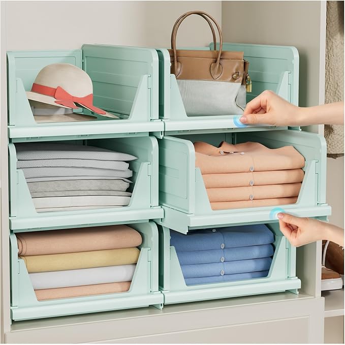 6 Pack Stackable Closet Storage Basket - Stackable Storage Bins, Multifunctional & Foldable Closet Organizer, Wardrobe Cupboard Space-Saving Hat Storage Drawer Organizer, Green
