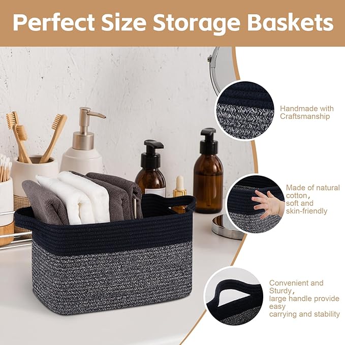 Storage Basket for Organizing, Woven Baskets for Storage, Rectangle Decorative Baskets for Shleves, Closet, Toys, Books, Nursery Organizer Bins - Pack of 3 (Blue & Black)
