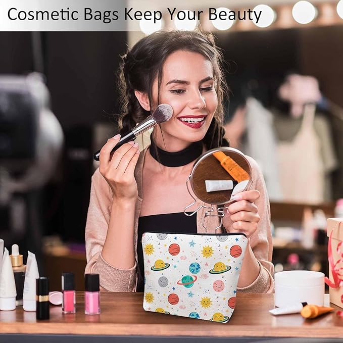 Women Makeup Organizer Bag Galaxy Space,Planets Solar System Cosmos Stars Flax Cosmetic Bag Makeup Bags Toiletry Bag Accessories Organizer Travel Bags For Home Bathroom Office Hotel Gym
