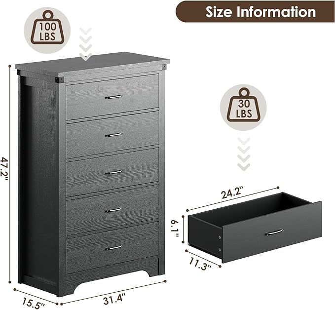 Farmhouse 5 Drawer Dresser for Bedroom, 47" Tall Chest of Drawers, Wood White Dresser with Deep Drawers, Storage Dressers Organizer for Bedroom, Living Room, Hallay, Black