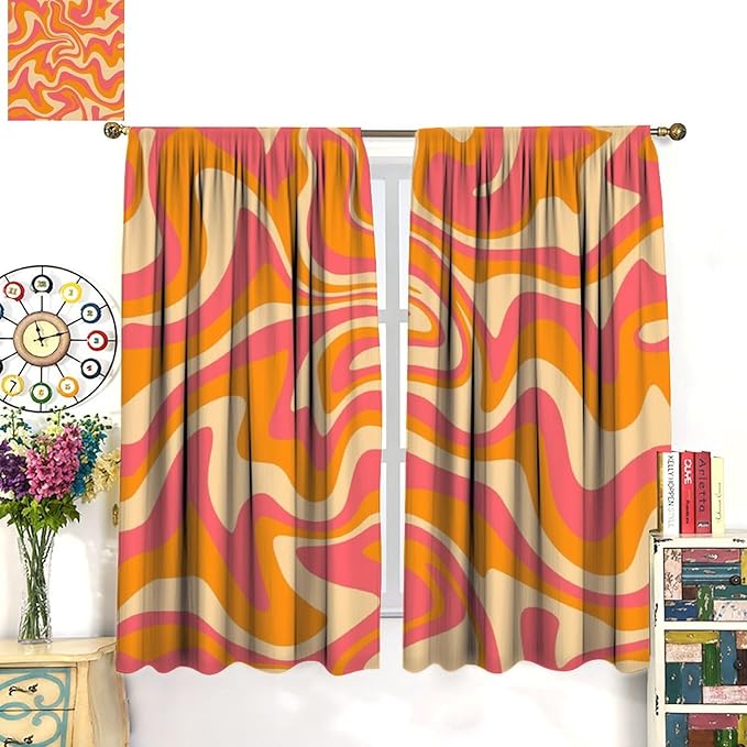 Abstract Wavy Swirl Curtains,60s 70s Groovy Aesthetic Retro Boho Orange Pink Abstract Curtains for Girls Bedroom Living Room Window 63"" W X 63"" L, Style-2