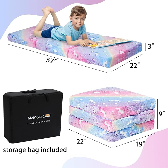 MeMoreCool Glow Rainbow Unicorn Foldable Floor Mattress for Kids, Trifold Nap Mat for Toddlers, Portable Daycare Sleeping Futon or Floor Bed, 57x22 Inch