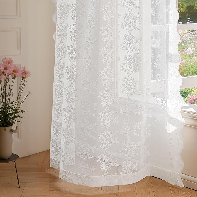 Anmao Vintage Lace Curtains 84 Inches Long 2 Panels Set, Romantic Elegant Light Filtering Semi Sheer Floral Thick Lacy Curtain Drapes for Living Room and Bedroom, Each Panel 55W x 84L, Bright White