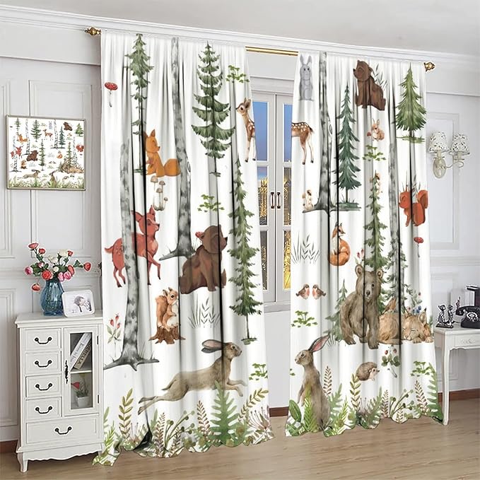 Animal Kids Curtains, Woodland Squirrel Rabbit Bear Animal Friends Forest Curtains for Boys and Girls Bedroom Living Room Kitchen 42x54 Inch