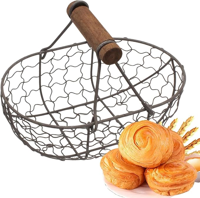 Farmhouse Egg Basket - Wooden Handle Container for collecting and storing eggs, versatile picnic farm bucket for children, boys, girls, outdoor use, perfect for camping, gardening, home eg