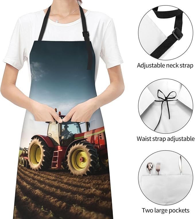Tractor farm Aprons with Pockets, Waterproof Apron for Women Men Kitchen Cooking Apron Adjustable Bib Apron Extra Long Grilling Aprons Chef Apron for Dishwashing