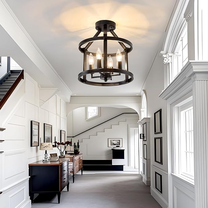 UOFUS Indoor Motion Sensor Ceiling Light Fixture Black Semi Flush Mount