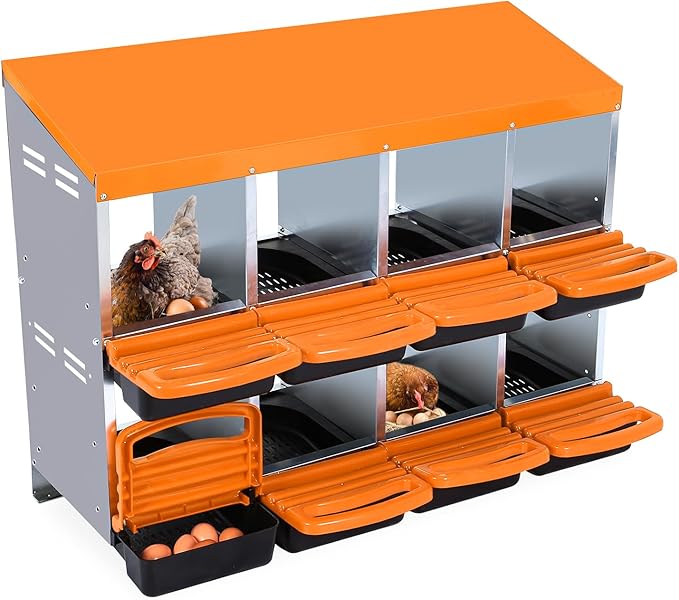 Nesting Boxes for Chickens, 8 Compartments Chicken Nesting Box, Chicken Laying Boxes with Lid Cover, Roll Away Nesting Box for Chickens Laying Egg, Orange