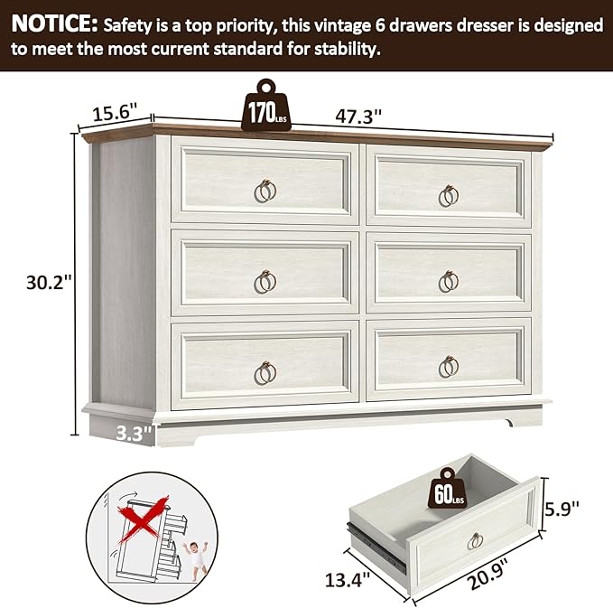 6 Drawers Dresser, Chest of Drawers for Bedroom, Dressers Organizer, Vintage Wood Drawer Chest for Living Room, Bedroom, Closet, Hallway, White