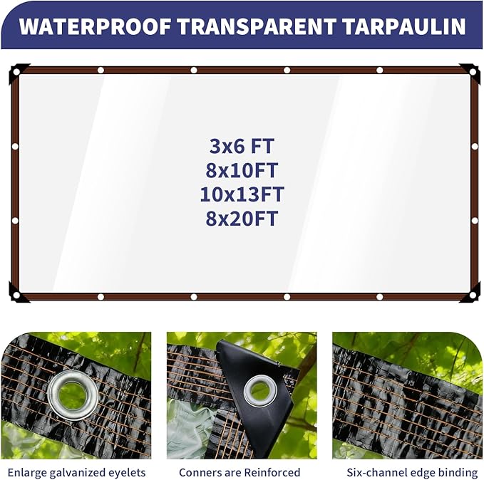 Clear Waterproof Tarp with Grommets, Heavy Duty Vinyl Tarpaulin, Tear Resistant Transparent Cover for Patio, Greenhouse, Garden, Chicken Coop (Includes Ropes & Zip Ties) (10x13FT)
