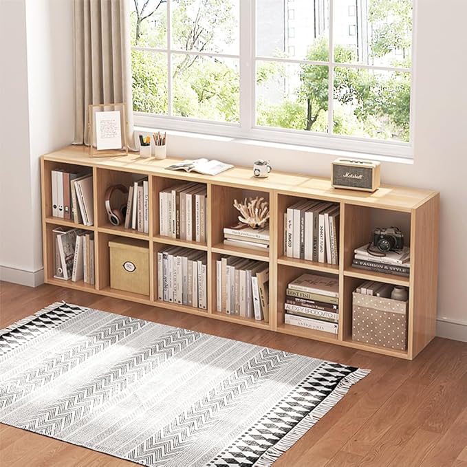 8 Cube Organizer Bookcase - Fabric Storage Bins Container, Open Shelf Simple Compartments Bookshelf, Oak
