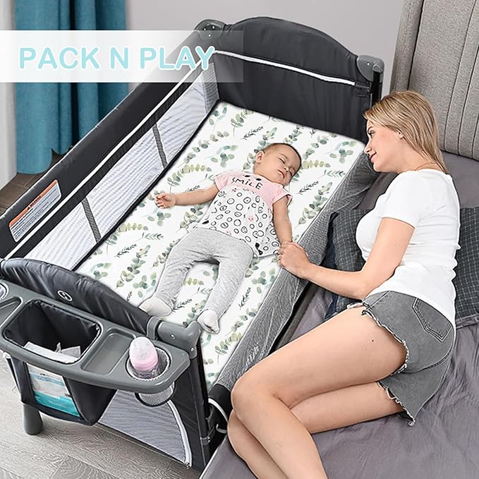 bimocosy Mini Crib Sheets,Pack and Play Sheets for Baby Boy Girl 4 Pack,Size 38"x 26" for Playard Mattress,Portable Mini Crib,Soft Pack N Play Sheets Fitted,Leaf/Bear/Gray/Green