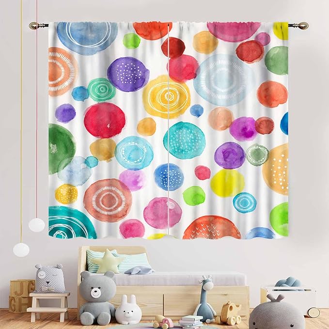 Colorful Curtains for Girls Bedroom, Watercolor Rainbow Cartoon Abstract Circle Polka Dots Splashes Cute Window Drapery for Kids Boys Girls Classroom Living Room Nursery 2 Panels, 52"x84" Inch