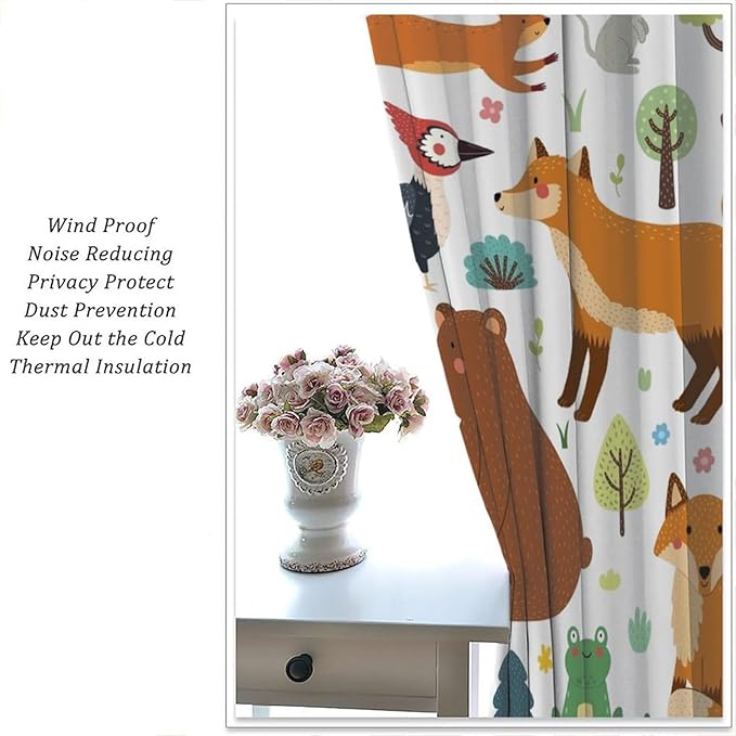 Kids Safari Animals Curtains, Baby Boy Girl Rustic Woodland Printed Cartoon Forest Window Treatments for Bedroom Living Room Nursery 2 Panels Sets, 42x45 Inch