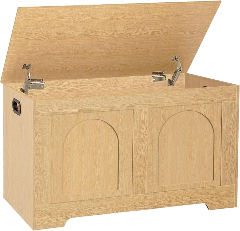 DINZI LVJ Storage Chest, 31.5”Wooden Toy Box with 2 Safety Hinges, Entryway Storage Bench with Flip-Top, Sturdy Storage Trunk for Living Room, Bedroom, Easy Assembly, Natural