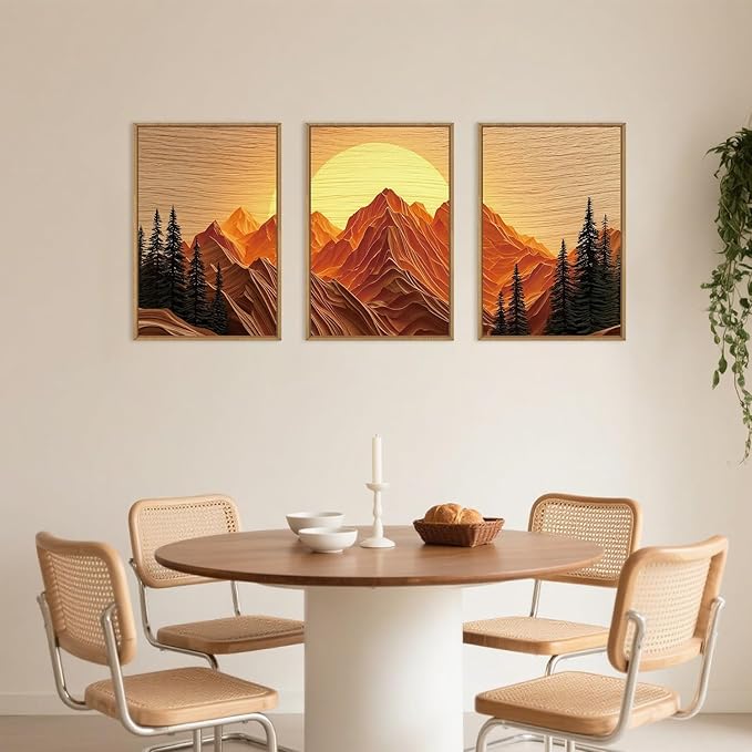 Large Mountain Framed Canvas Wall Art Set, Abstract Ridge Sun Painting, Boho Sunset Scenery Wall Decor,Modern Natural Landscape Art Print for Living Room,Bedroom,Office-16 x24 x3