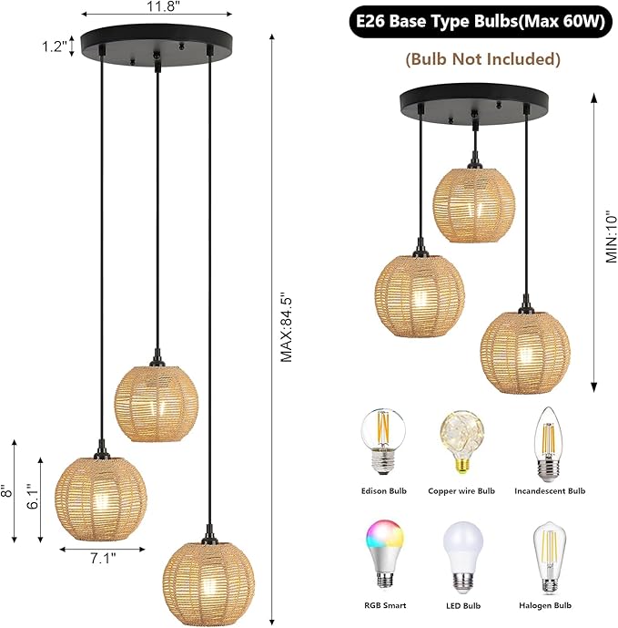 Round 3 Light Boho Pendant Light Rattan Hanging Lamp Hand Woven Wicker Small