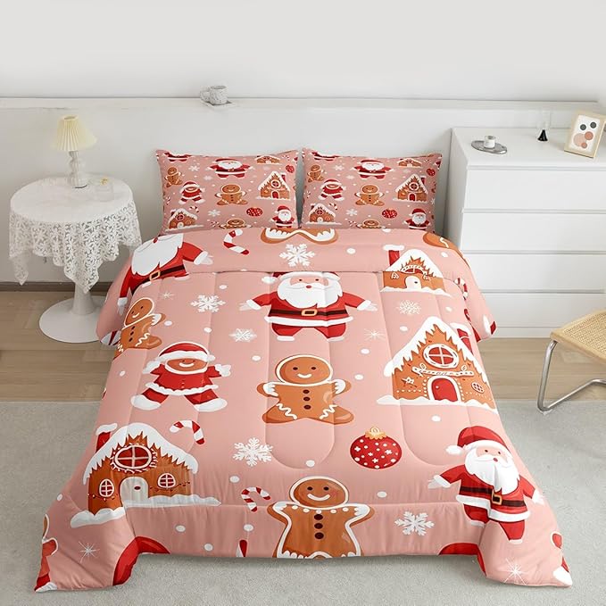 Feelyou Christmas Kids Comforter Set Full Size Santa Bedding Set Gingerbread Man Duvet Quilt for Kids Boys Girls Bedroom Snowflake Decor Microfiber Ultra Soft Breathable