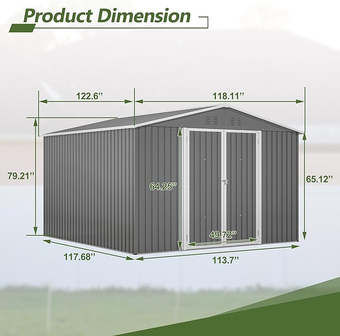 10×10 FT Outdoor Storage Shed,Metal Aluminum Waterproof Tool Sheds with Foundation,Doors & Vents,Heavy-Duty Sheds Unit W/Lock & Key,for Storing Bicycles,Lawnmowers,Barbeques,Gray