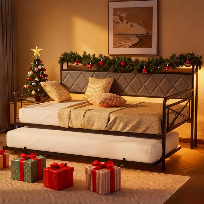 VINGLI Full Daybed with Trundle Bed, Upholstered Day Bed with LED Light &