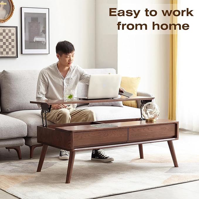 Solid Oak Wood Lift Top Coffee Table for Living Room, Mid Century Modern Tables with Drawers and Large Storage, Coffee Tables for Small Spaces (Oak Walnut Color, 39.37" W x 21.65" D x 25.59" H)