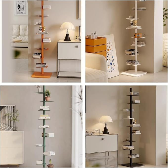 9-Tier Spine Bookshelf Metal Bookcase 5 Colors Vertical Bookshelf Tower Rotating Tall Narrow Bookshelf Ladder Book Rack Indoor (White)