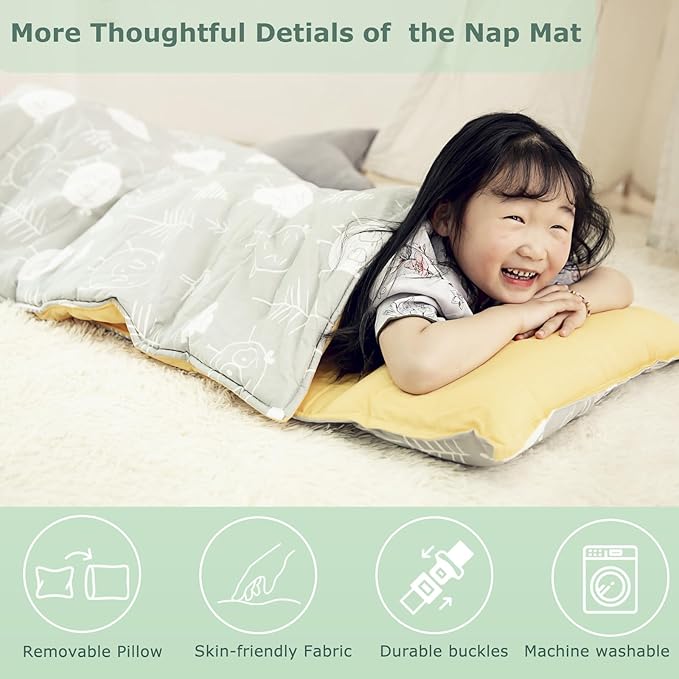 Toddlers Nap Mat with Removable Pillow and Soft Blanket, Lightweight Daycare Preschool Kindergarten Sleeping Bag, Travel Slumber for Kids Girls Boys
