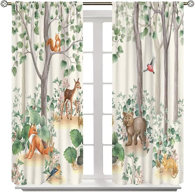 Forest Animal Curtains,Fox Elk Bird Animal Watercolor Woodland Print Curtains Kids Nursery Bedroom Living Room Home Decoration 84x84in