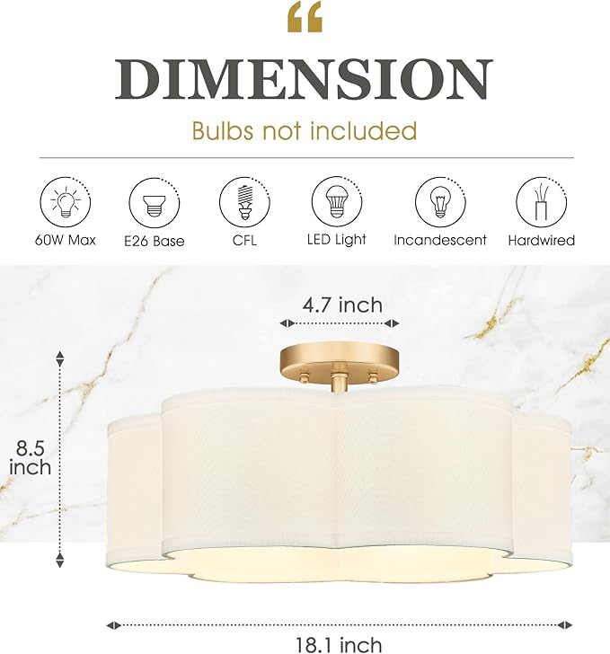 Gold Semi Flush Mount Ceiling Lights, 6-Light 18Inch Ceiling Light Fixtures