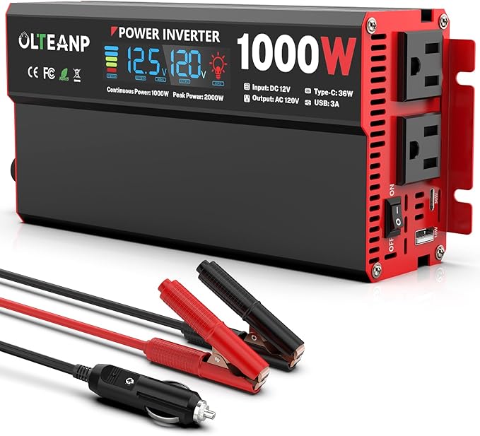 1000 Watt Power Inverter 12V DC to 110V/120V AC Car Inverter with LCD Screen Display, 2 AC Outlets, 36W Type-C Port, 5V/3A USB Port, Car Power Converter for Truck, Home, Vehicles, Laptop, Trip