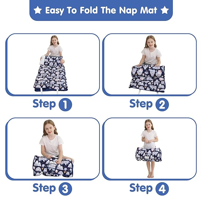 Viviland Toddler Kid Nap Mat for Preschool, Girls Deep Blue Bear Slumber Bag, Daycare Sleeping Bag with Pillow and Blanket, Kindergarten Sleep Mat