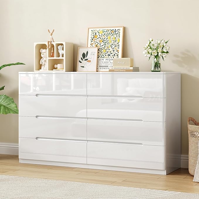 White Wood Dresser, 8 Drawer Dressers for Clothes Storage for Bedroom, Modern Dresser with Wide Drawers, Wide Wooden Chest Drawers for Living Room, Entryway, TV Stand