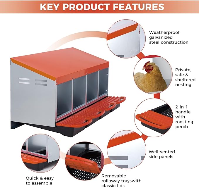 4-Hole Chicken Nesting Box, Roll Away Nest with Removable Tray, Easy Egg Collection & Cleaning, Wall-Mount Nesting Boxes for Hens, Chicken Coop - Orange