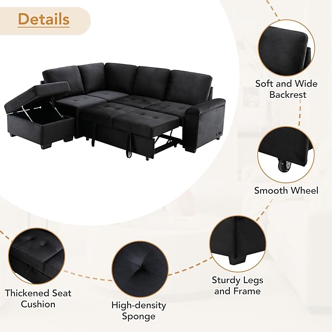 Ball & Cast Sleeper Sofa Bed L Shaped Couch with Storage Otooman and Cup Holder,L-Shaped Sectional Couch w/Hidden Arm Storage & USB Charge,4-Seater Sectional Sofa for Living Room,Apartment,Black