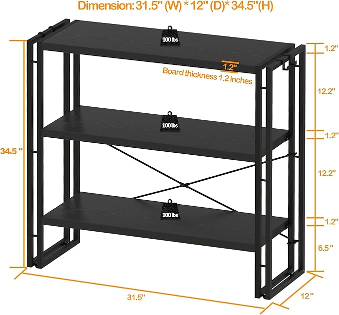 HCHQHS Bookshelf, 3-Tier Industrial Bookcase, Black Open Book Shelf, Freestanding Horizontal Bookshelves with Metal Frame