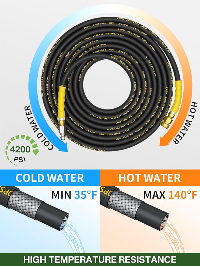 4200PSI Pressure Washer Hose 125FT with 3/8" Swivel Quick Connect for Cold/Hot Water, Kink Resistant Steel Wire Braided, Wear Resistant Power Washer Hose with 2 M22 14mm Adapter Set