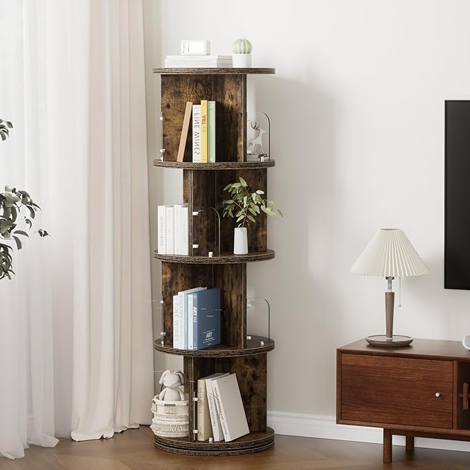 VECELO Rotating Bookshelf Tower, 360°Revolving Bookcase, Round Book Shelf Rotating, Stackable Storage Display Rack Floor Standing, Corner Bookshelf for Home Office, Brown