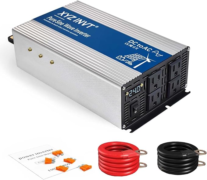 2000W Pure Sine Wave Inverter DC 24V to AC 120V, 4000W Peak Power with LED Display, Power Converter for Car, Truck, Solar, Home & Rechargeable Devices