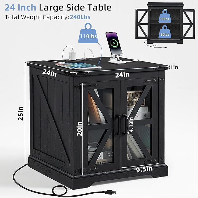 24" End Table Set of 2 with Charging Station, Farmhouse Night Stand with Glass Barn Door, Nightstands with Adjustable Storage Shelf, Large Wood Square Bed Side Table for Living Room,Bedroom