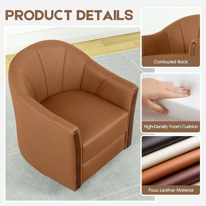 360° Swivel Accent Chair, Modern Leather Barrel Club Chair with Leather Upholstery and Sturdy Wood Base, Comfortable Armchair for Living Room, Bedroom, Reading Nook, Brown