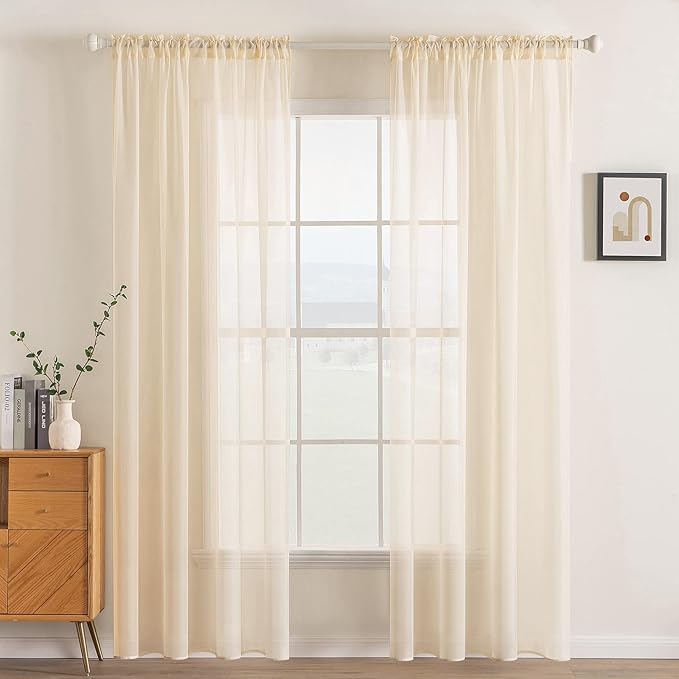 MIULEE 2 Panels Solid Color Sheer Window Curtains Elegant Window Voile Panels/Drapes/Treatment for Bedroom Living Room (54 X 102 Inches Cream Beige)