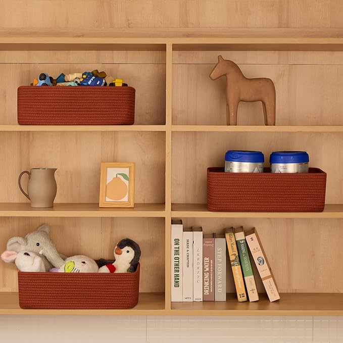 Large Shallow Organizing Baskets 15x11x5.1 Inches - Rope Woven Storage Bins for Bathroom, Shelves, Cube Closet, Red 2 Packs