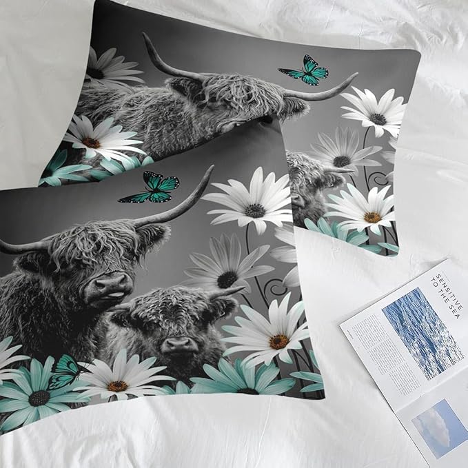 Comforter Set Twin Size, Highland Cow Bull Animal 5 Pcs Bedding for Kids and Adults, Flower Daisy Farm Bed Sheet Sets with Fitted Sheet Pillowcase & Sham for Bedroom Bed Decor