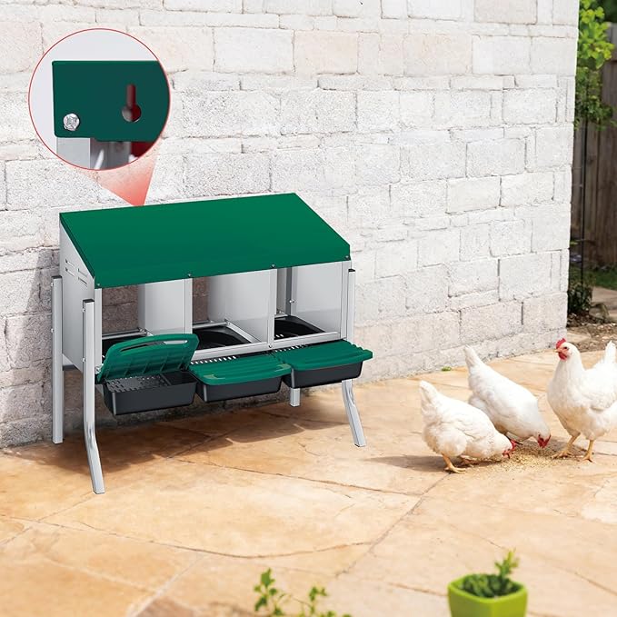 3-Hole Chicken Nesting Box, Roll Away Nest with Removable Tray, Easy Egg Collection & Cleaning, Wall-Mount Nesting Boxes for Hens, Chicken Coop - Green