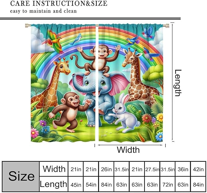 Animals Window Curtain Rod Pocket Kids Boys Girls Forest Giraffe Elephant Monkey Flowers Window Treatment for Baby Children Bedroom Living Room 63" W X 63" L