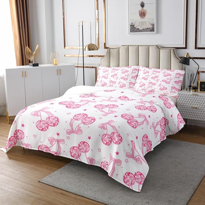 Pink Bowknot Princess Bedspread Twin Size,Disco Crystal Ball Western Cowgirl Coverlet Set,Girls Women Room Decor,Stars Bow Tie Sweet Romantic Quilted Coverlet,Dreamy Bedding Quilt,1 Pillowcase