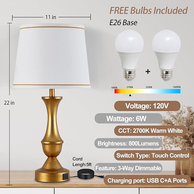 Luvkczc Gold Touch Table Lamps Set of 2, Dimmable Nightstand Lamps